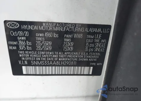 2020 Hyundai Santa Fe Sel 2.0T from USA, damaged, VIN 5NMS33AA8LH290811